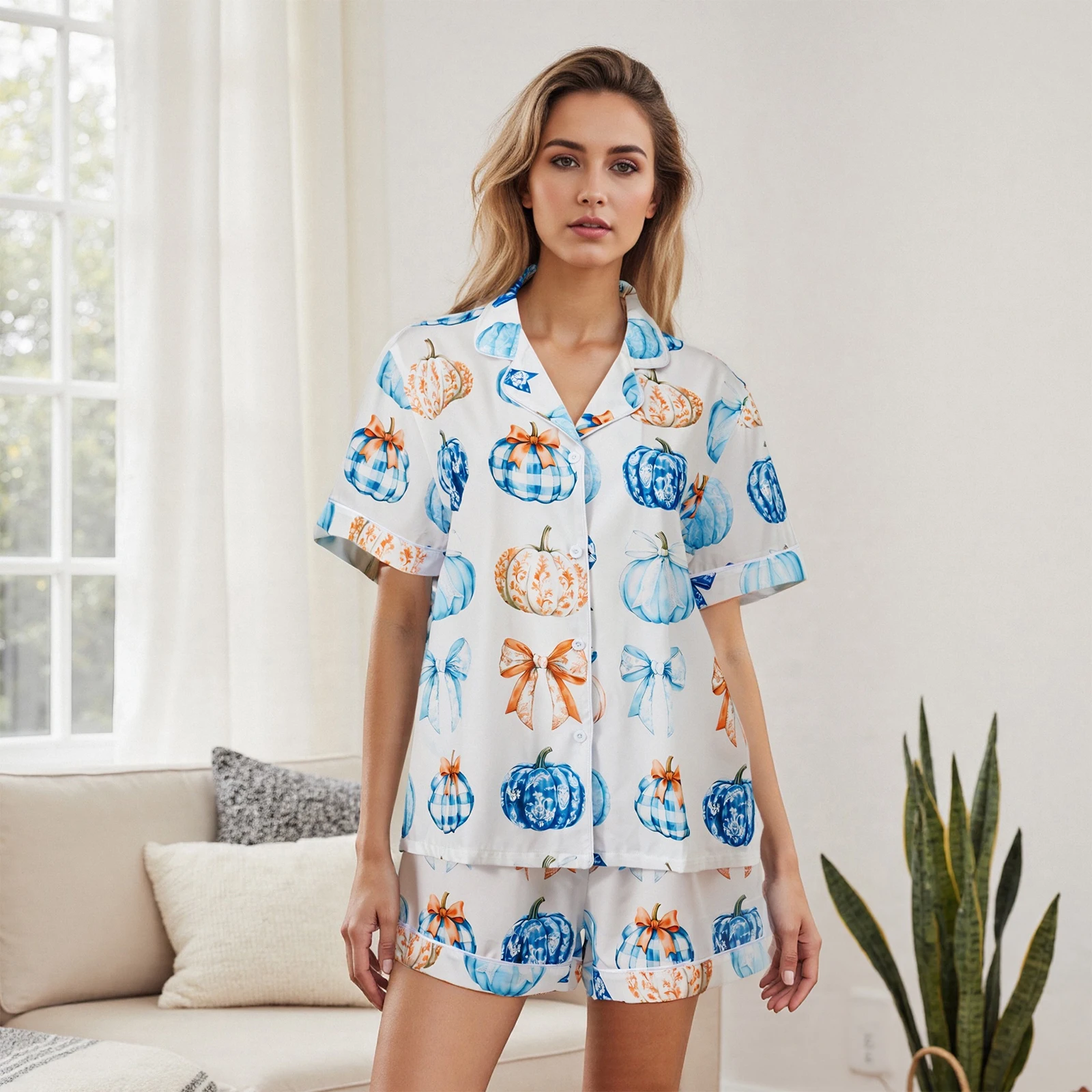 Halloween Pajamas Set Women Print Button Down Lapel V Neck Short Sleeve Tops with Shorts Lounge Wear 2 Pcs Set
Halloween Pajamas Set Women Print Button Down Lapel V Neck Short Sleeve Tops with Shorts Lounge Wear 2 Pcs Set
