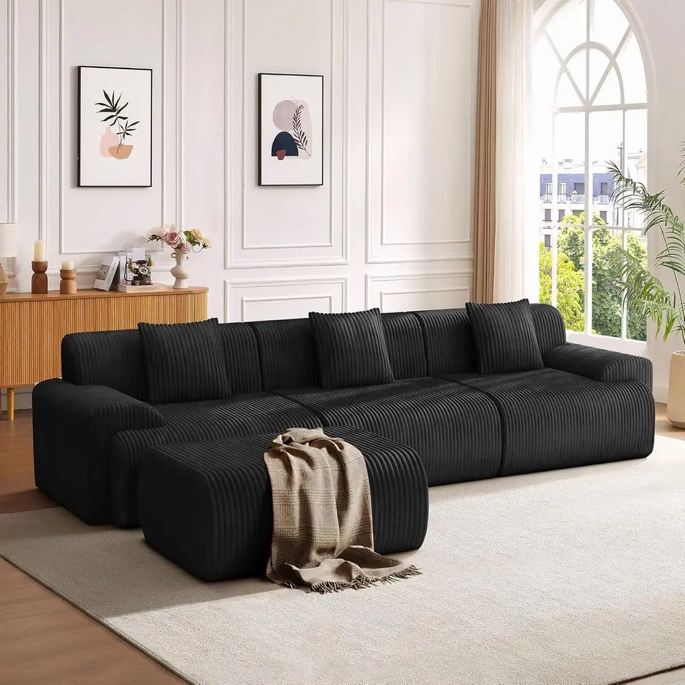 18 L-Shaped Sectional Sofa, Cloud Comfort Couch with Ottoman, Plush Corduroy Deep Seating, 30D Foam, Black Living Room Furniture
18 L-Shaped Sectional Sofa, Cloud Comfort Couch with Ottoman, Plush Corduroy Deep Seating, 30D Foam, Black Living Room Furniture