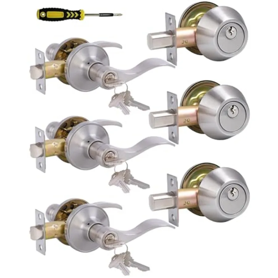 3 Pack Entry Levers Wave Style with Deadbolt Set, Exterior/Interior Keyed Door Handles with Lock, Interior Door Locksets for Ba
3 Pack Entry Levers Wave Style with Deadbolt Set, Exterior/Interior Keyed Door Handles with Lock, Interior Door Locksets for Ba
