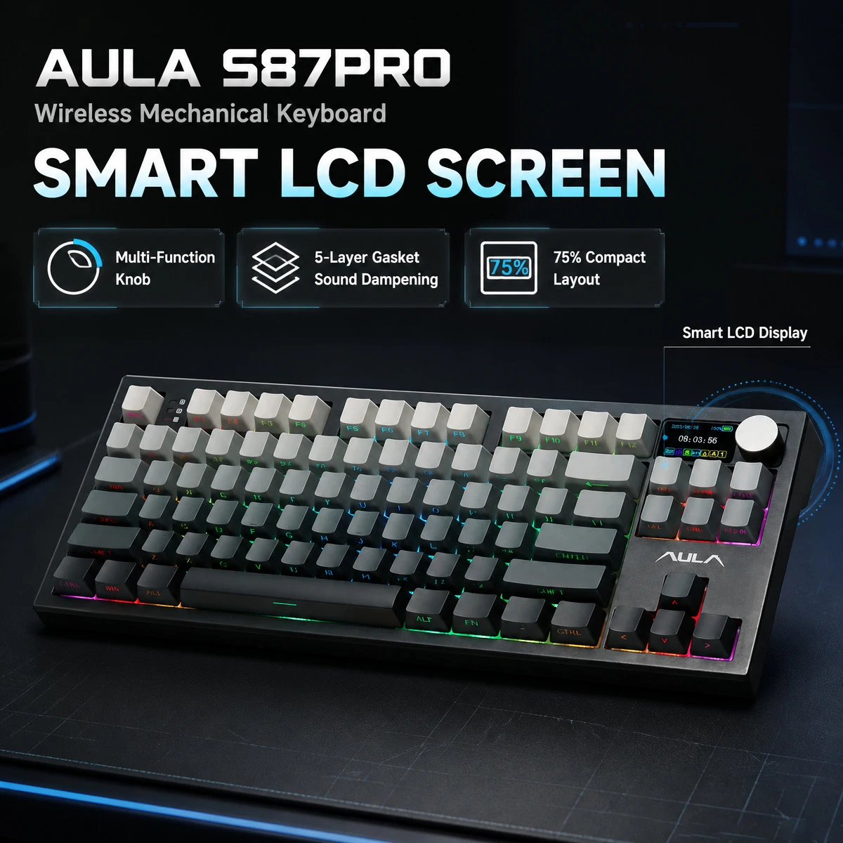 AULA S87 PRO Mechanical Keyboard Custom RGB Backlight Wireless Bluetooth gaming Keyboard with Display Knob Hot Swapping Gasket
AULA S87 PRO Mechanical Keyboard Custom RGB Backlight Wireless Bluetooth gaming Keyboard with Display Knob Hot Swapping Gasket