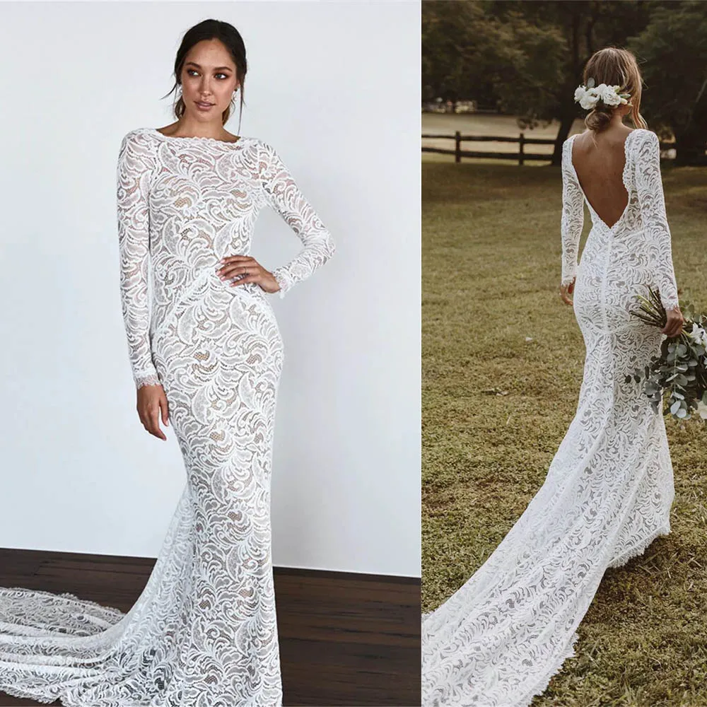Sexy Backless Long Sleeves Sheath/Mermaid Wedding Dresses Sweep Train Custom Made 2026 Rode De Morrie
Sexy Backless Long Sleeves Sheath/Mermaid Wedding Dresses Sweep Train Custom Made 2026 Rode De Morrie