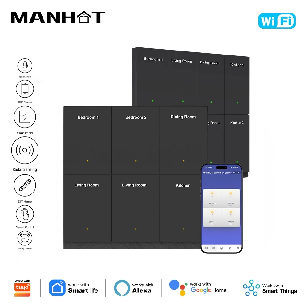 Manhot WIFI DIY Name Switch 6 Gang 8 Gang Wall Light Large Panel Display Screen Work with Tuya SmartThings Google Home Alexa
Manhot WIFI DIY Name Switch 6 Gang 8 Gang Wall Light Large Panel Display Screen Work with Tuya SmartThings Google Home Alexa