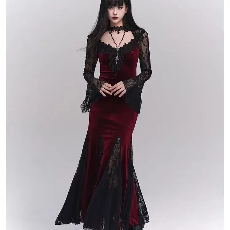 Winter Gothic Grunge Lace Dress Korean Fashion Design Festival Long Prom Dress Women Halloween Costume Sexy Slim Party Dresses 
Winter Gothic Grunge Lace Dress Korean Fashion Design Festival Long Prom Dress Women Halloween Costume Sexy Slim Party Dresses