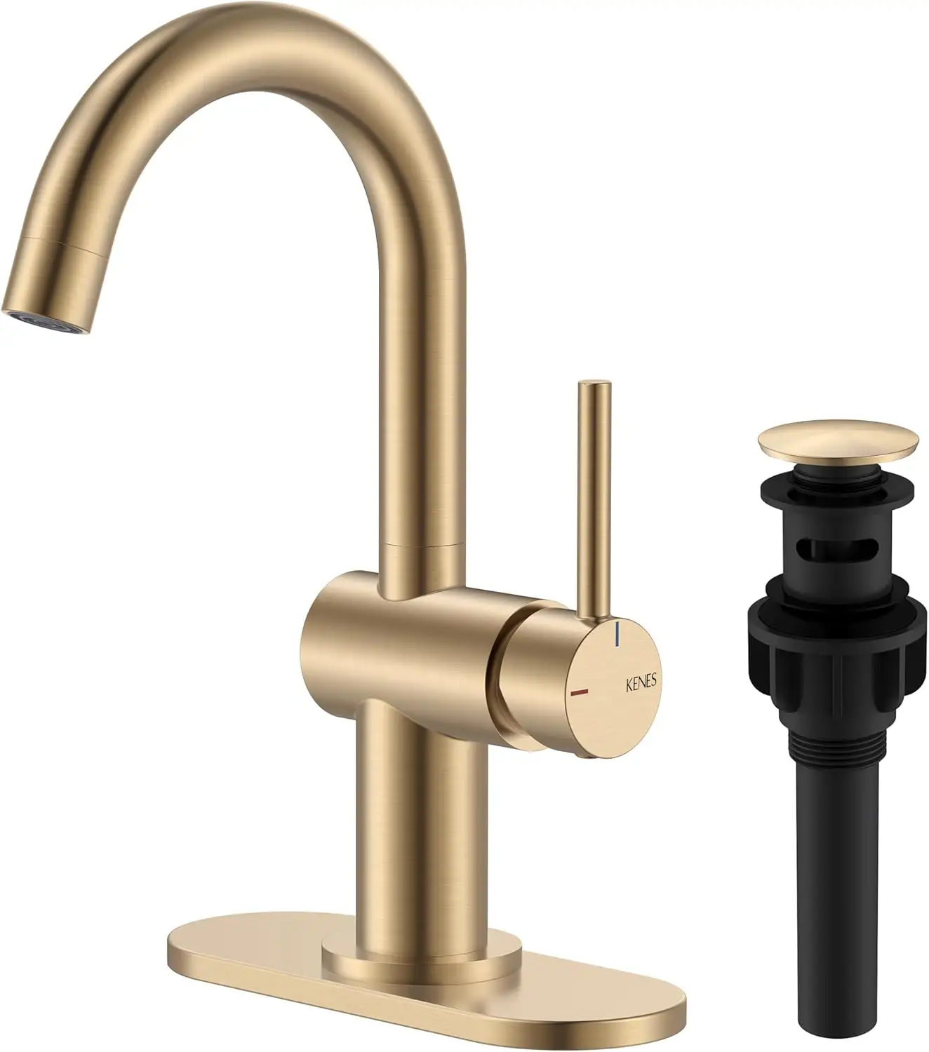 1 Hole Single Handle Bathroom Sink Faucet, Champagne Bronze, with Pop Up Drain and Deck Plate, 360° Rotation, Lead-Free, for Vanity Bar RV
1 Hole Single Handle Bathroom Sink Faucet, Champagne Bronze, with Pop Up Drain and Deck Plate, 360° Rotation, Lead-Free, for Vanity Bar RV