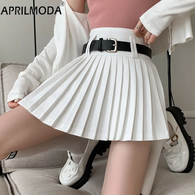

Solid White Black High Waist Mini Pleated Skirt JK A-Line Clubwear High Waist Harajuku Kawaii Teen-girl Tennis Skirts With Belt