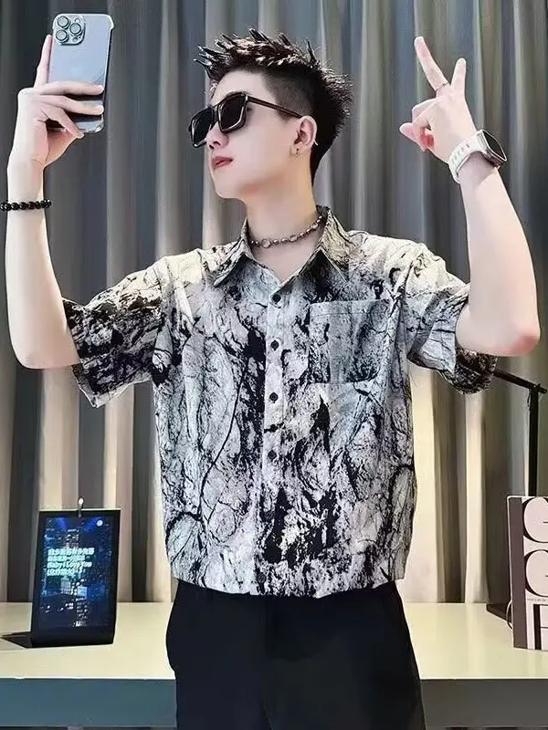 Summer Men's Short Sleeve Shirt Ice Silk Print Dyeing Trendy Half Sleeve Standard Fit Casual Style Breathable Thin Youth Popular
Summer Men's Short Sleeve Shirt Ice Silk Print Dyeing Trendy Half Sleeve Standard Fit Casual Style Breathable Thin Youth Popular