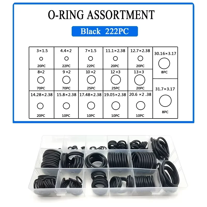 222pcs NBR O-Ring Set Black Nitrile Rubber Oil-resistant Wear-resistant Waterproof Sealing Rings for Industrial Use
222pcs NBR O-Ring Set Black Nitrile Rubber Oil-resistant Wear-resistant Waterproof Sealing Rings for Industrial Use