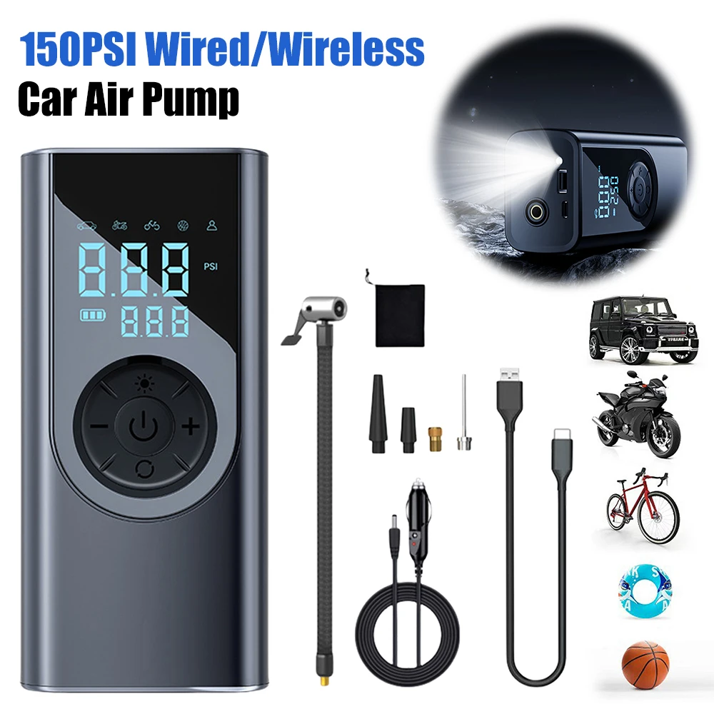 150PSI Electric Tire Inflator with LED Light LCD Digital Display Car Inflator Pump Wired/Wireless Charging for Motorcycles Ball
150PSI Electric Tire Inflator with LED Light LCD Digital Display Car Inflator Pump Wired/Wireless Charging for Motorcycles Ball