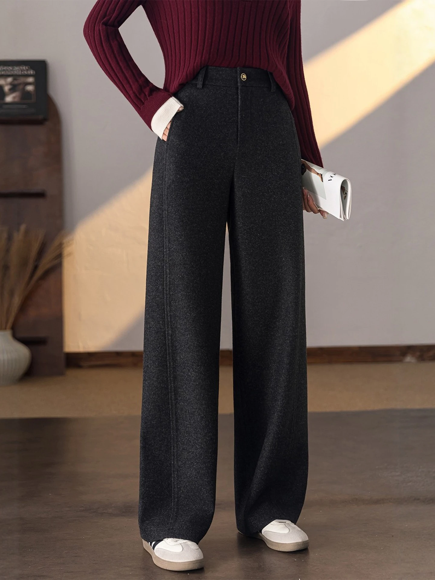 High Waist Fleece Lined Woolen Narrow Wide Leg Pants Women's Autumn Winter Casual Straight Cut Suit Pants Draping Slimming
High Waist Fleece Lined Woolen Narrow Wide Leg Pants Women's Autumn Winter Casual Straight Cut Suit Pants Draping Slimming