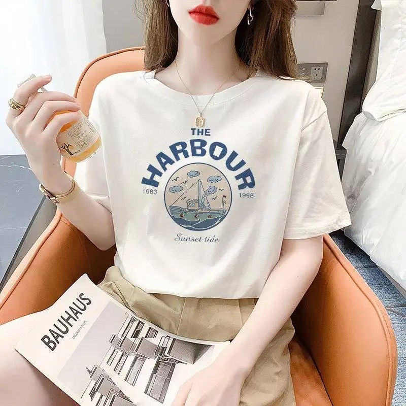 Women's Loose ort Sve T-irt Creative Letter Print Thin Cotton Top Ladies Faion Spring Summer Casual Wear
Women's Loose ort Sve T-irt Creative Letter Print Thin Cotton Top Ladies Faion Spring Summer Casual Wear