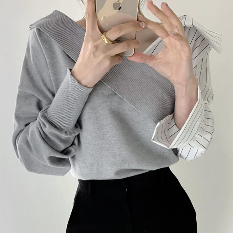 Chic Spring New Small Design Sense Stripe Splicing Color Blo Long Sve Knitted Top Women's Faion Korean Loose Fit V-Ne
Chic Spring New Small Design Sense Stripe Splicing Color Blo Long Sve Knitted Top Women's Faion Korean Loose Fit V-Ne