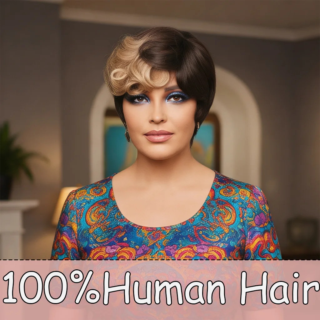 Pixie Cut Human Hair Wigs with Bangs Ombre Golden Wigs Cute Short Black and Golden Layered Wavy Machine Made Wigs for Women
Pixie Cut Human Hair Wigs with Bangs Ombre Golden Wigs Cute Short Black and Golden Layered Wavy Machine Made Wigs for Women