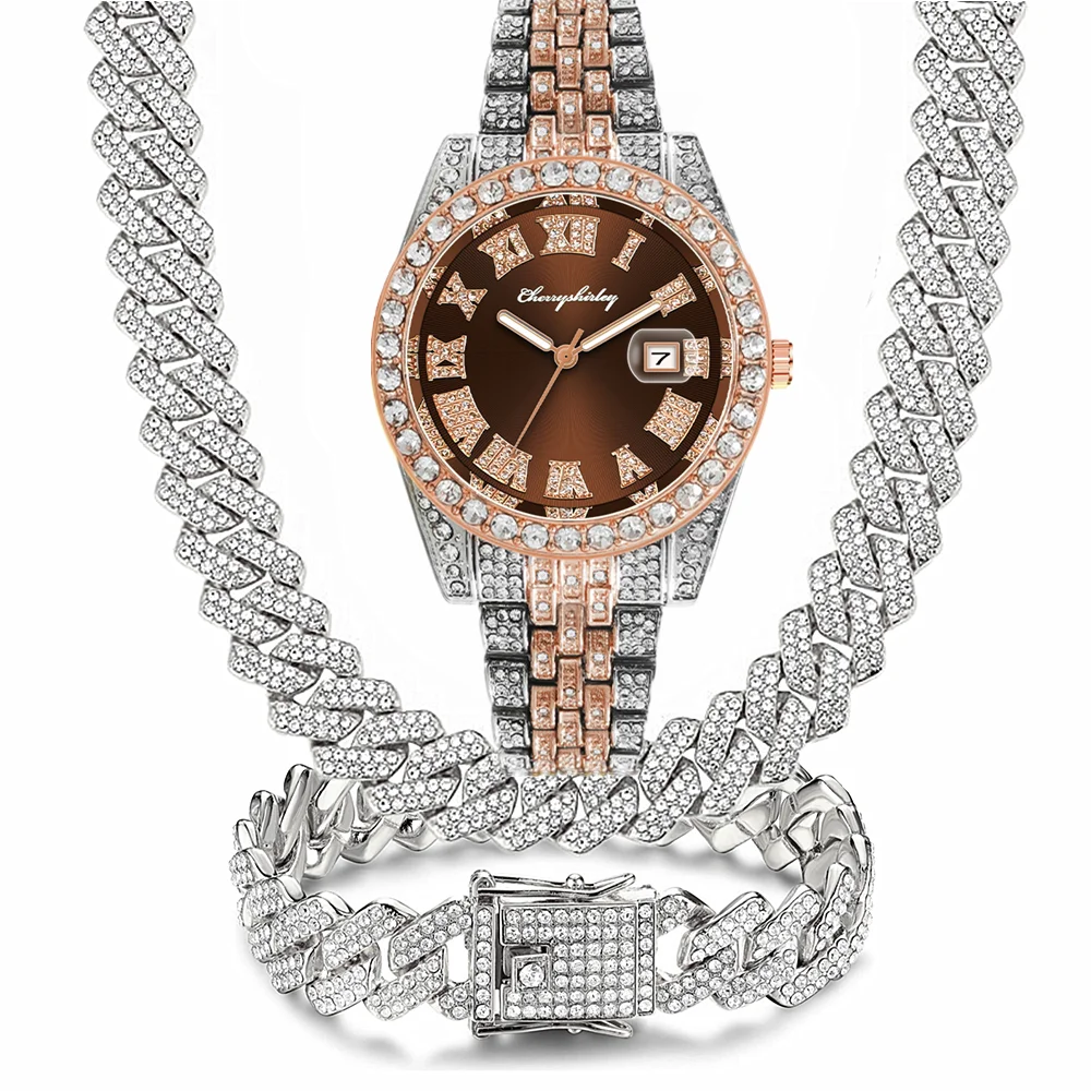 Golden Rose Blue Red Green Dial Full Iced Out Watches For Man Women Cuban Chain Bracelet Necklace Bling 3PCS Jewelry Set Gift
Golden Rose Blue Red Green Dial Full Iced Out Watches For Man Women Cuban Chain Bracelet Necklace Bling 3PCS Jewelry Set Gift