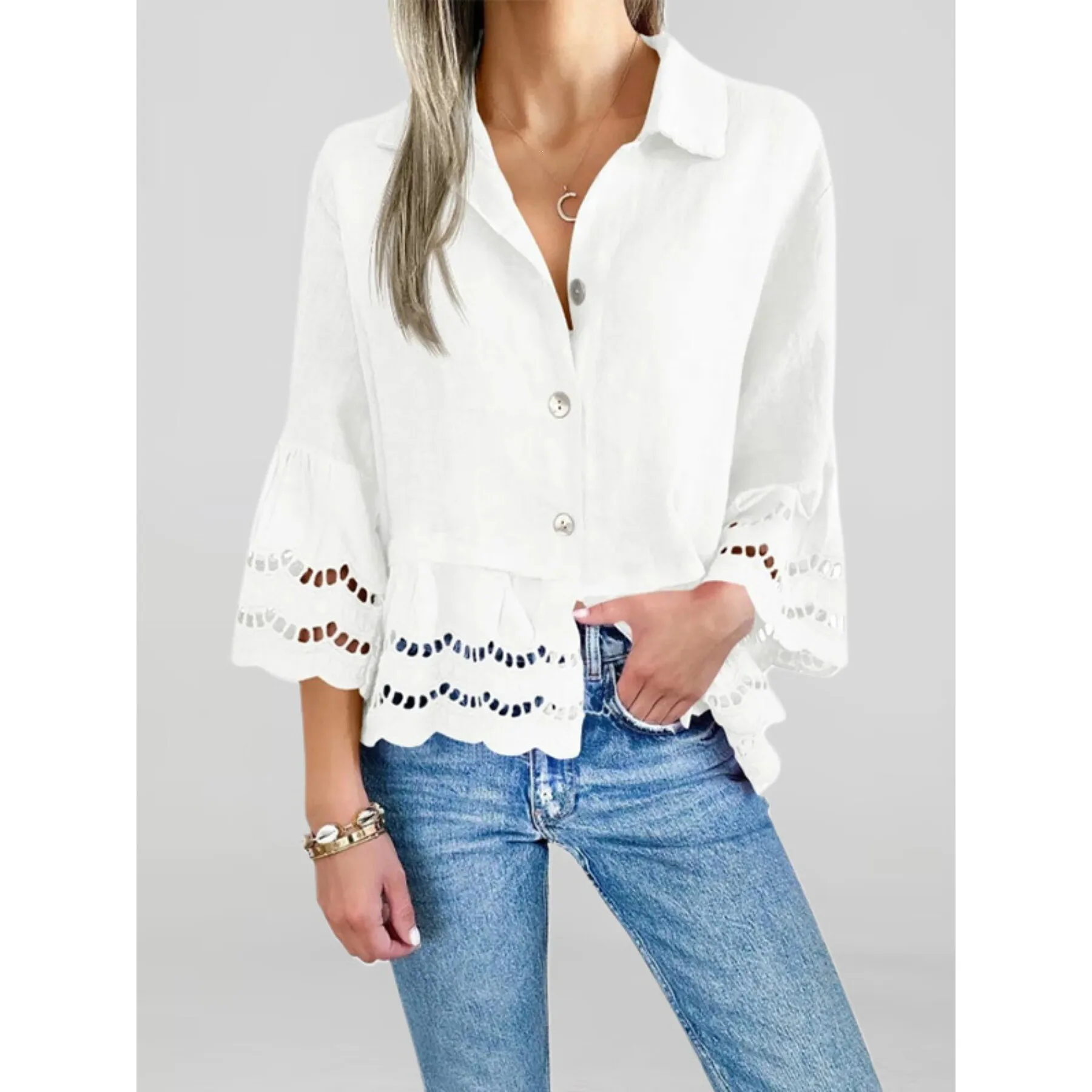 Lace Bell Sleeve Blouse Floral Trim Shirt Women's Fashion Spring Season Non-Shrink Princess Sleeve Other Material 100%
Lace Bell Sleeve Blouse Floral Trim Shirt Women's Fashion Spring Season Non-Shrink Princess Sleeve Other Material 100%