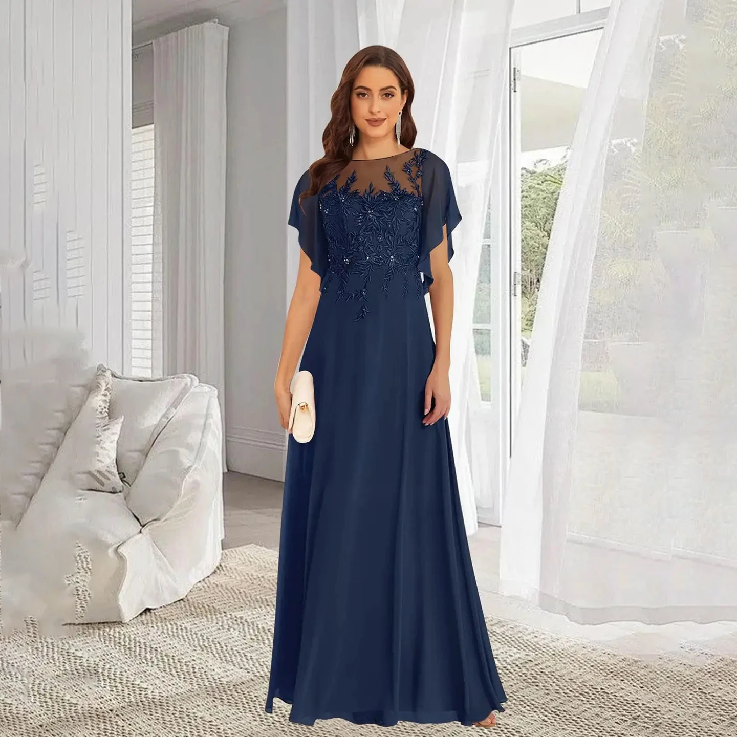 Elegant Navy Blue Evening Dress with Lace Appliques Chiffon Flutter Sleeve Mother of the Bride Dresses Formal Party Gown 
Elegant Navy Blue Evening Dress with Lace Appliques Chiffon Flutter Sleeve Mother of the Bride Dresses Formal Party Gown