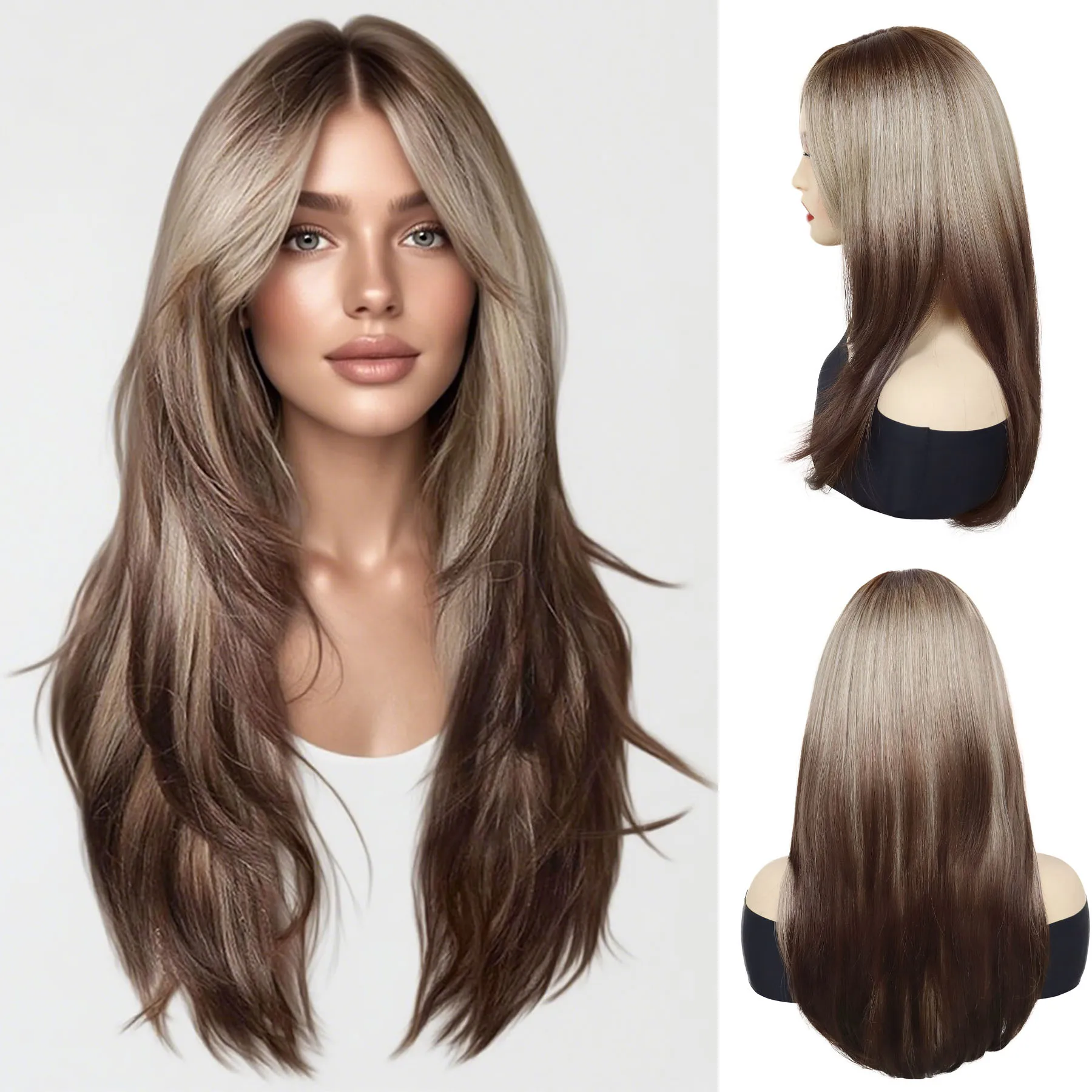Synthetic Wigs for Women 22 Inch Long Straight Layered Wig with Bangs Brown with Blonde Highlights Wig Daily Drag Queen Costume
Synthetic Wigs for Women 22 Inch Long Straight Layered Wig with Bangs Brown with Blonde Highlights Wig Daily Drag Queen Costume