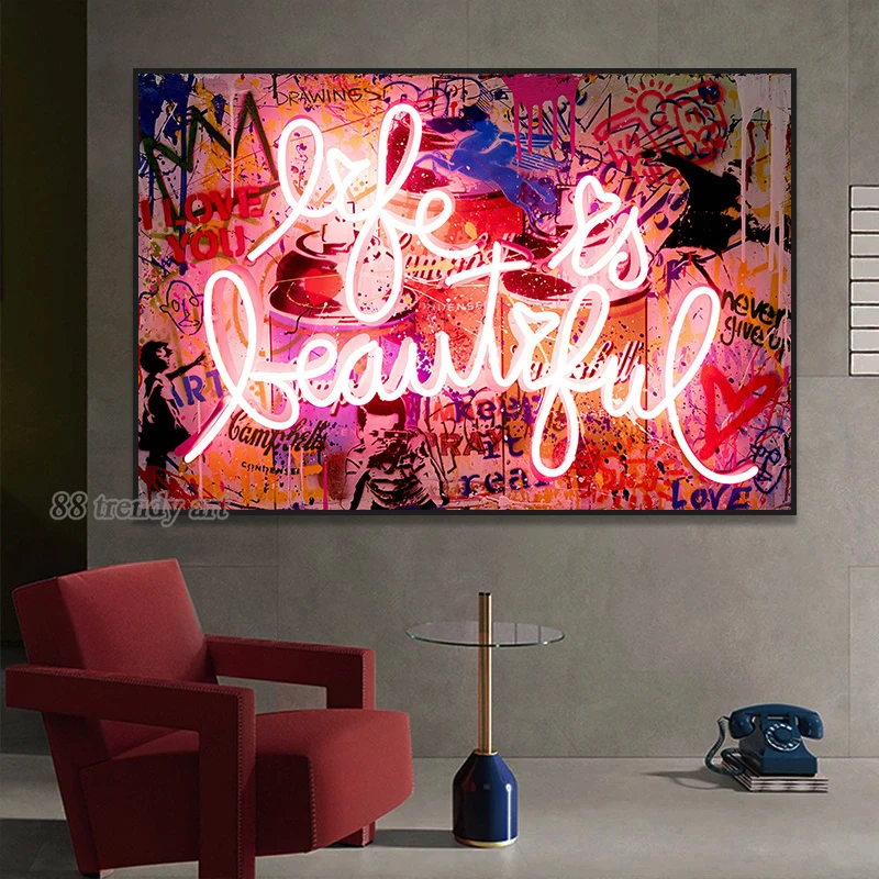 Street Pop Art Posters Neon Style Life Is Beautiful Canvas Oil Painting Prints Abstract Trendy Wall Art Picture for Home Decor
Street Pop Art Posters Neon Style Life Is Beautiful Canvas Oil Painting Prints Abstract Trendy Wall Art Picture for Home Decor