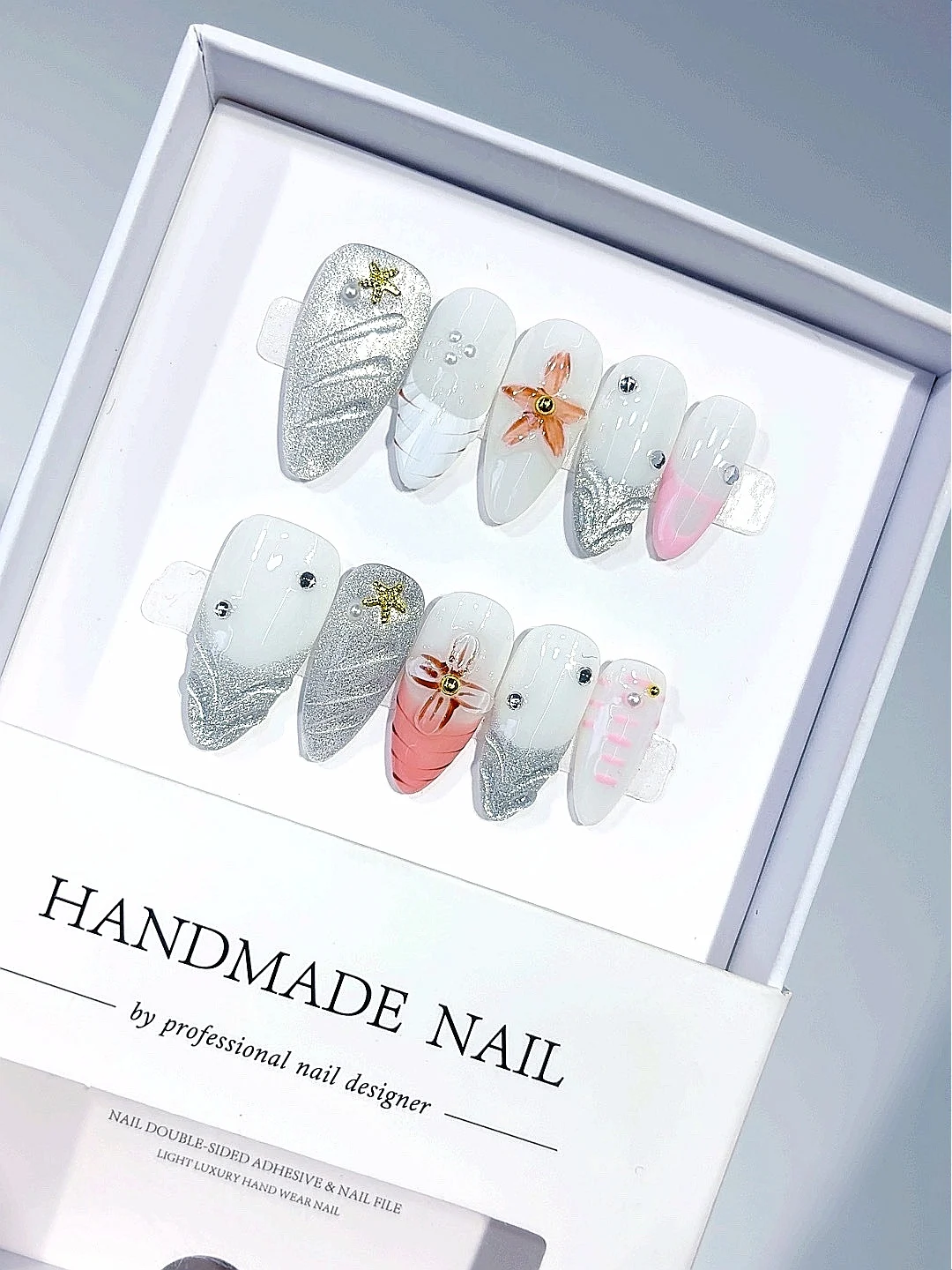 White & Silver Glitter Press on Nails - 3D Starfish Pink Accent Almond False Nails Handmade for Women(D615)
White & Silver Glitter Press on Nails - 3D Starfish Pink Accent Almond False Nails Handmade for Women(D615)