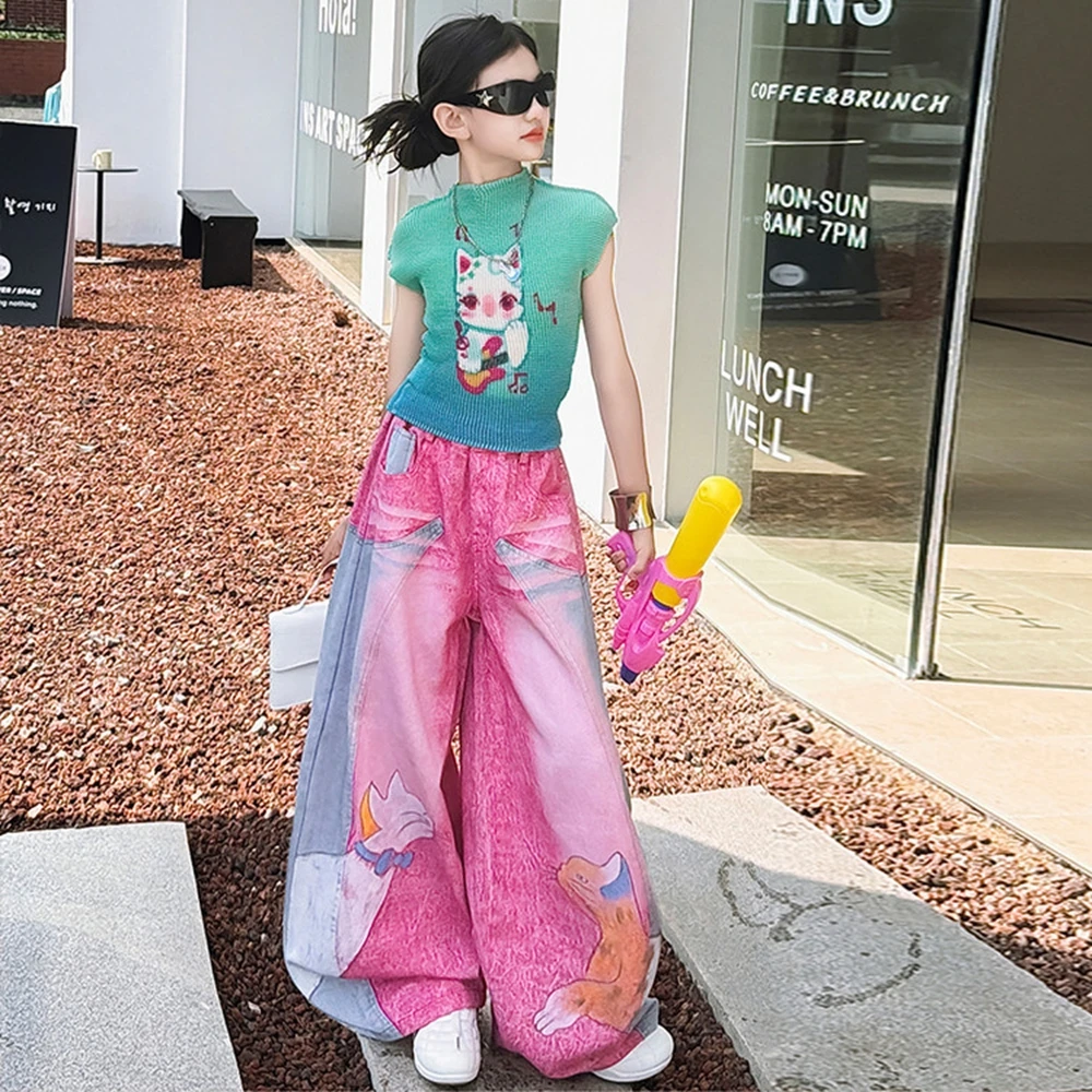 Teen Girls 2Pcs Clothing Set Green Knitted Cartoon Top Pink Wide Leg Pants Summer Fashion Children Streetwear Outfits 5-14 Years
Teen Girls 2Pcs Clothing Set Green Knitted Cartoon Top Pink Wide Leg Pants Summer Fashion Children Streetwear Outfits 5-14 Years