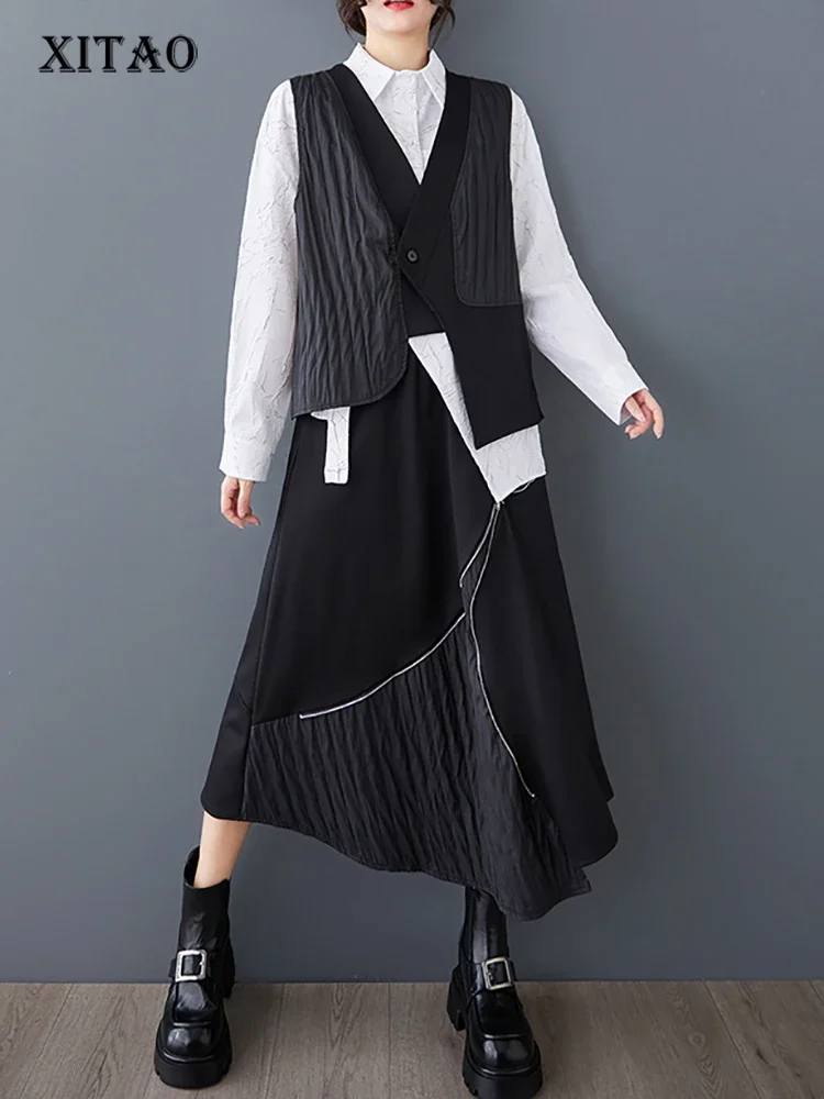 XITAO Asymmetrical Patchwork Single Button Dress Sets Vest Top Pocket Elastic Waist Vintage Skirt 2025 Spring Casual GMM1202 
XITAO Asymmetrical Patchwork Single Button Dress Sets Vest Top Pocket Elastic Waist Vintage Skirt 2025 Spring Casual GMM1202