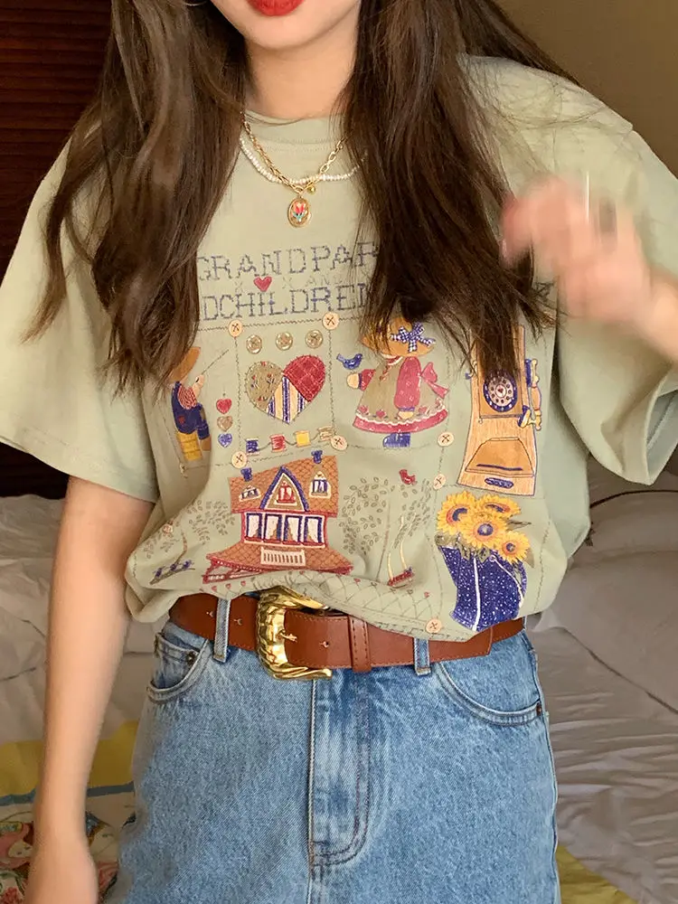 2024 New Green Short Sleeve T-Shirt Women's Summer Loose Japanese Retro Girly Printed Shoulder Cotton Top women clothing tops
2024 New Green Short Sleeve T-Shirt Women's Summer Loose Japanese Retro Girly Printed Shoulder Cotton Top women clothing tops