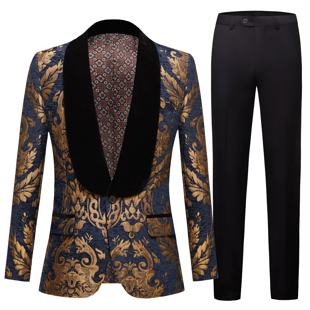 Gold Floral Jacquard Prom Men Suits Blue Shawl Lapel 2 Piece Slim Fit Groom Tuxedo Male Fashion Costume Blazer Vest with Pants
Gold Floral Jacquard Prom Men Suits Blue Shawl Lapel 2 Piece Slim Fit Groom Tuxedo Male Fashion Costume Blazer Vest with Pants