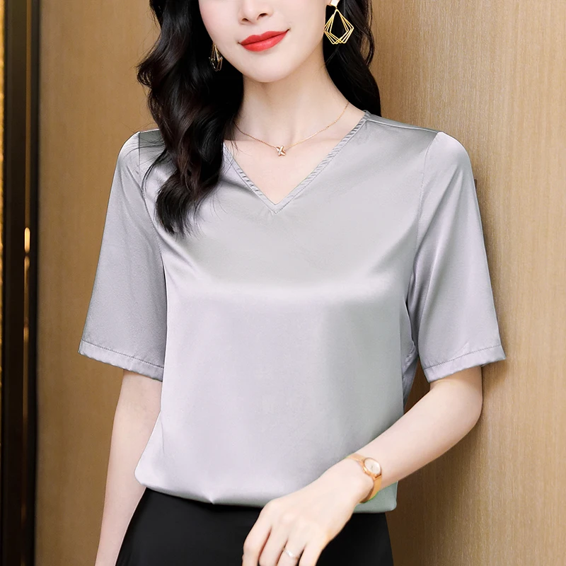 Summer 2026 Women's Basic Shirt Elegant V-neck Shirts Short Sleeve Blouses for Women Solid Tops Real Silk Woman Satin Blouse
Summer 2026 Women's Basic Shirt Elegant V-neck Shirts Short Sleeve Blouses for Women Solid Tops Real Silk Woman Satin Blouse