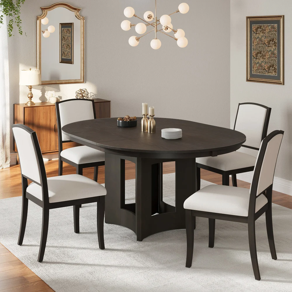 TOPMAX Farmhouse Extendable Dining Set 5-Piece:4 Upholstered Chairs,16in Leaf,Espresso+Beige,Small Spaces.
TOPMAX Farmhouse Extendable Dining Set 5-Piece:4 Upholstered Chairs,16in Leaf,Espresso+Beige,Small Spaces.