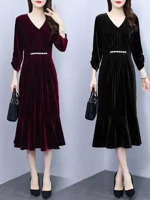 Elegant Mid-Length Velvet A-Line Dress Long Sleeve Gold Velvet plus Size Women's Dress Autumn Season Fashion for Mature Ladies
Elegant Mid-Length Velvet A-Line Dress Long Sleeve Gold Velvet plus Size Women's Dress Autumn Season Fashion for Mature Ladies