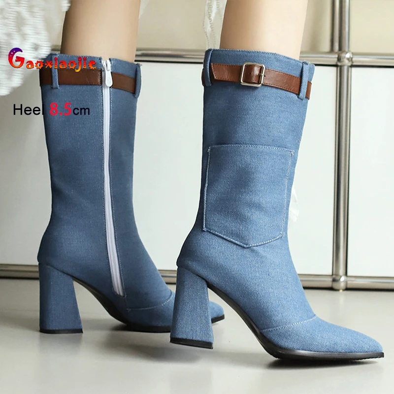 Fashion Chunky Heel Belt Buckle Denim Mid-calf Boots Autumn Thick Heeled Model T Show Shoes 8CM Pointed Toe Side Zip Botas Mujer
Fashion Chunky Heel Belt Buckle Denim Mid-calf Boots Autumn Thick Heeled Model T Show Shoes 8CM Pointed Toe Side Zip Botas Mujer