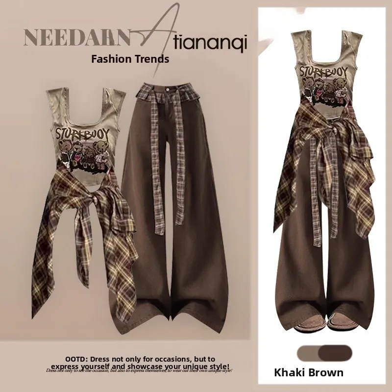 Sweet And Spicy Plaid irt Strap Vest Wide Leg Pants Tee Piece Set Women's Summer Faion Ensemble Casual Street Sle
Sweet And Spicy Plaid irt Strap Vest Wide Leg Pants Tee Piece Set Women's Summer Faion Ensemble Casual Street Sle