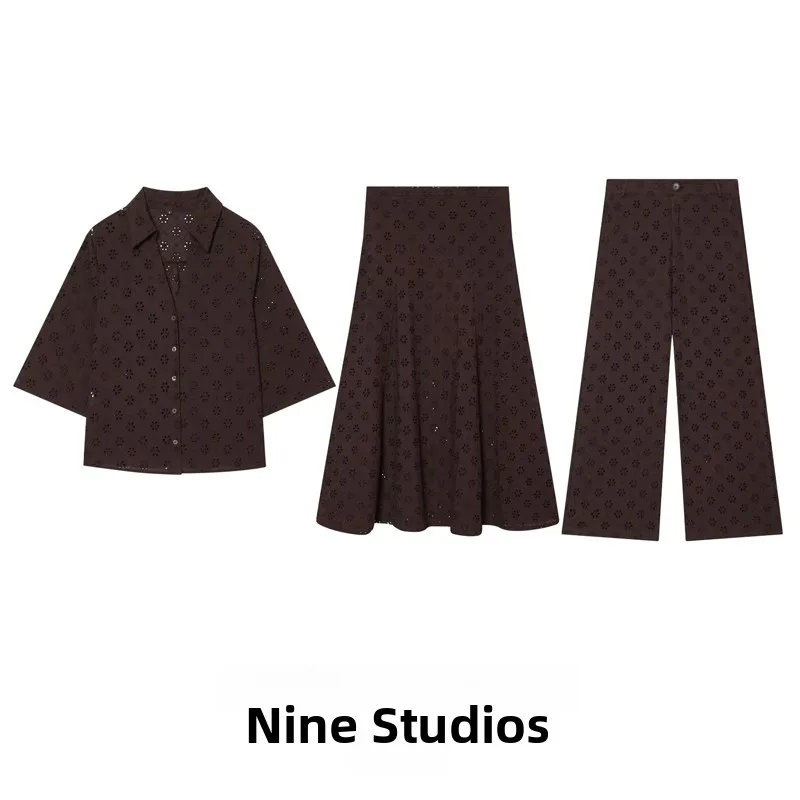 NINE ZAR Women's Embroidered Hollow out Shirt Wide Leg Pants Midi Skirt Three Piece Set Breathable Spring Fashion Ensemble
NINE ZAR Women's Embroidered Hollow out Shirt Wide Leg Pants Midi Skirt Three Piece Set Breathable Spring Fashion Ensemble