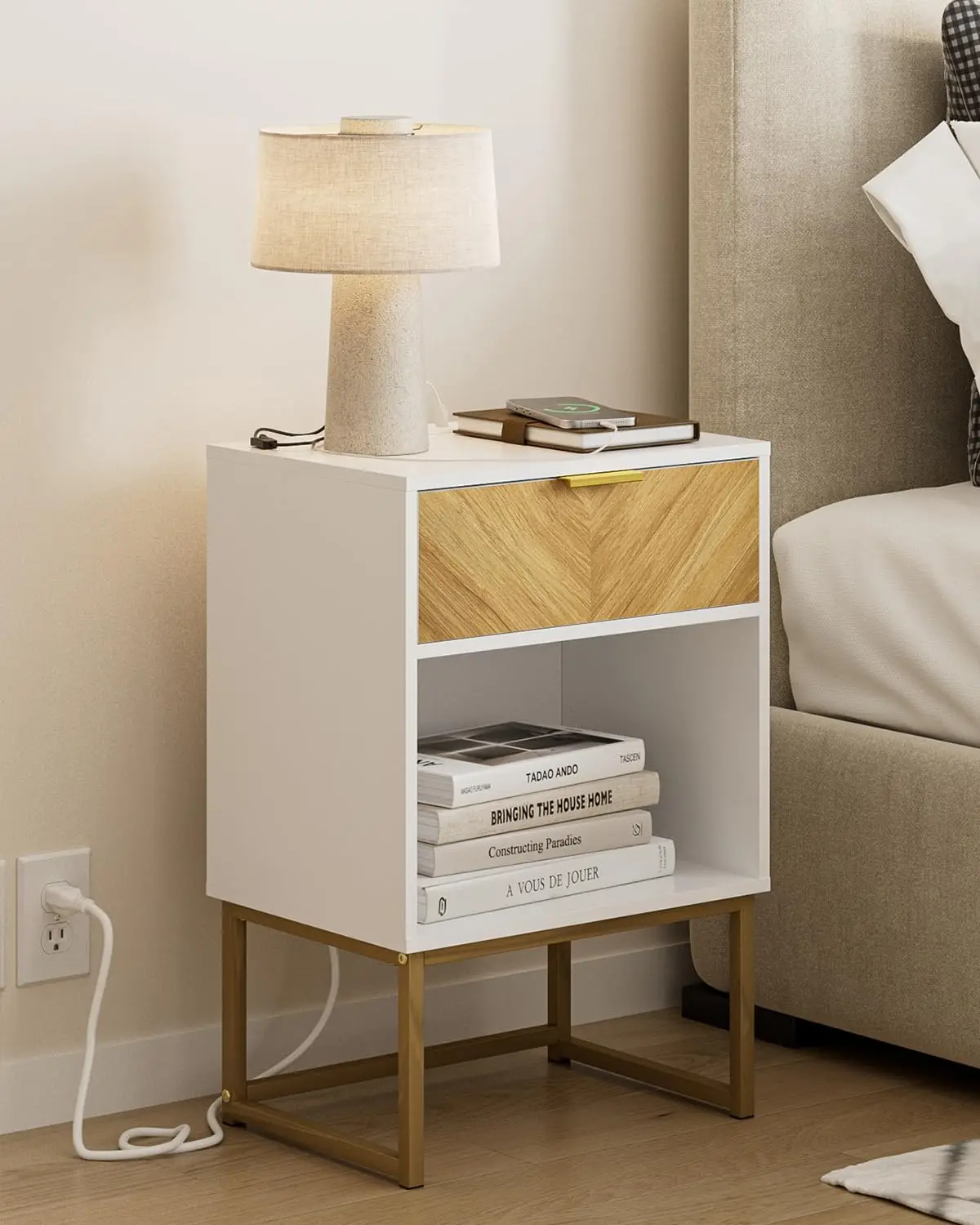 Nightstand with Charging Station, Modern Boho Farmhouse Bedside Table with Drawer, Compact Side End Table for Bedroom Living
Nightstand with Charging Station, Modern Boho Farmhouse Bedside Table with Drawer, Compact Side End Table for Bedroom Living
