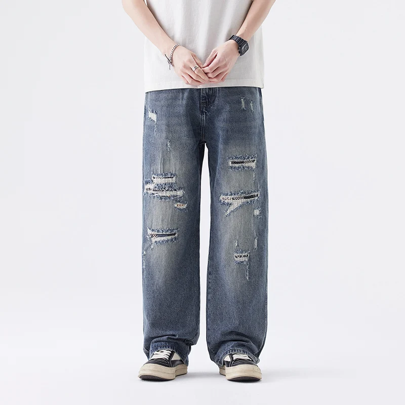 New broken holes jeans men's vintage blue pants American high street loose straight wide-leg pants for men
New broken holes jeans men's vintage blue pants American high street loose straight wide-leg pants for men