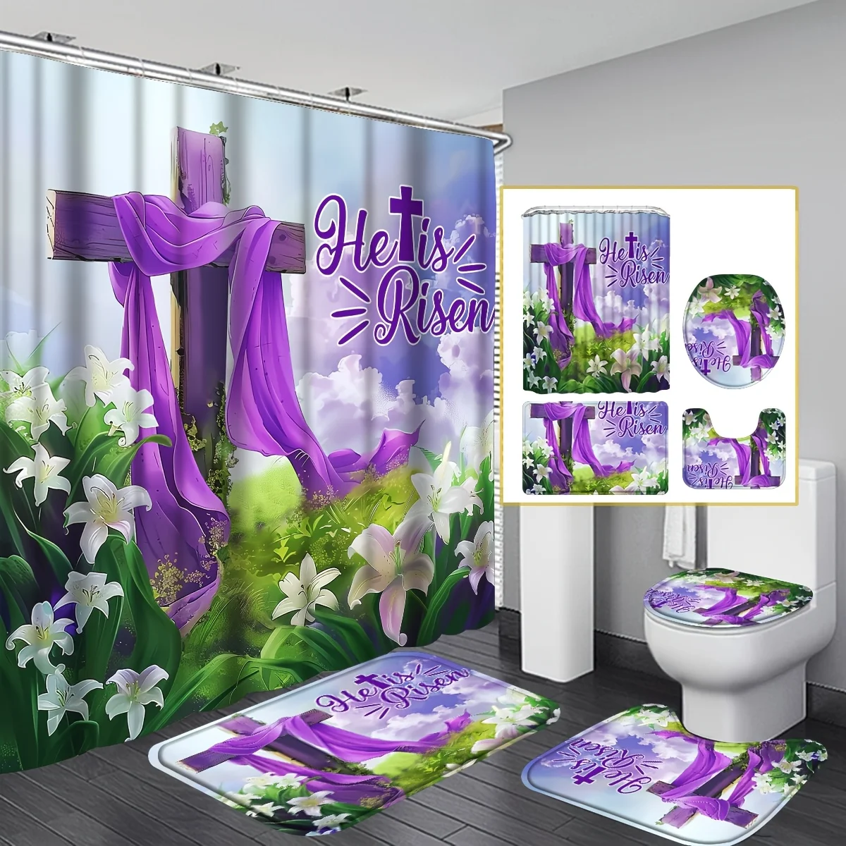 4pcs Christian Easter Cross Shower Curtain Set with Bath Mat U-Shaped Pad Toilet Seat Cover -Waterproof Polyester Bathroom Decor
4pcs Christian Easter Cross Shower Curtain Set with Bath Mat U-Shaped Pad Toilet Seat Cover -Waterproof Polyester Bathroom Decor