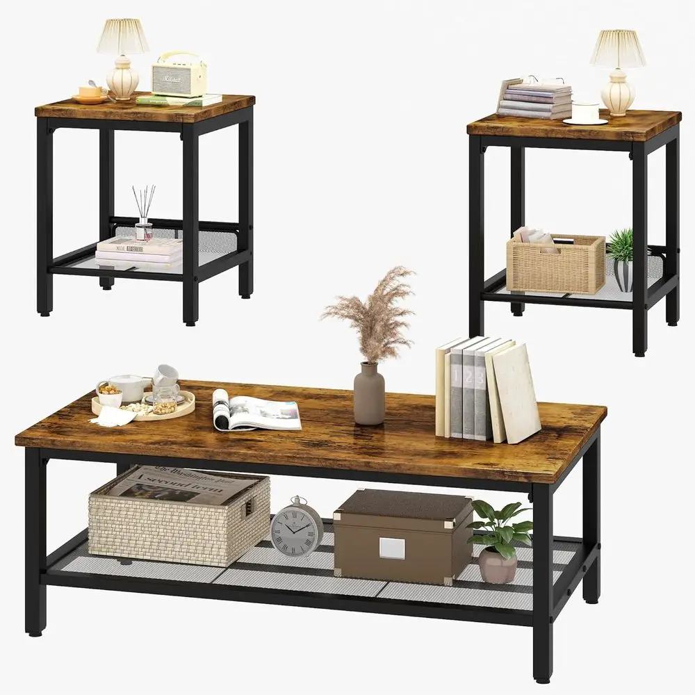 Industrial 3-Piece Coffee Table Set with 2 Square End Tables, Rustic Brown
Industrial 3-Piece Coffee Table Set with 2 Square End Tables, Rustic Brown