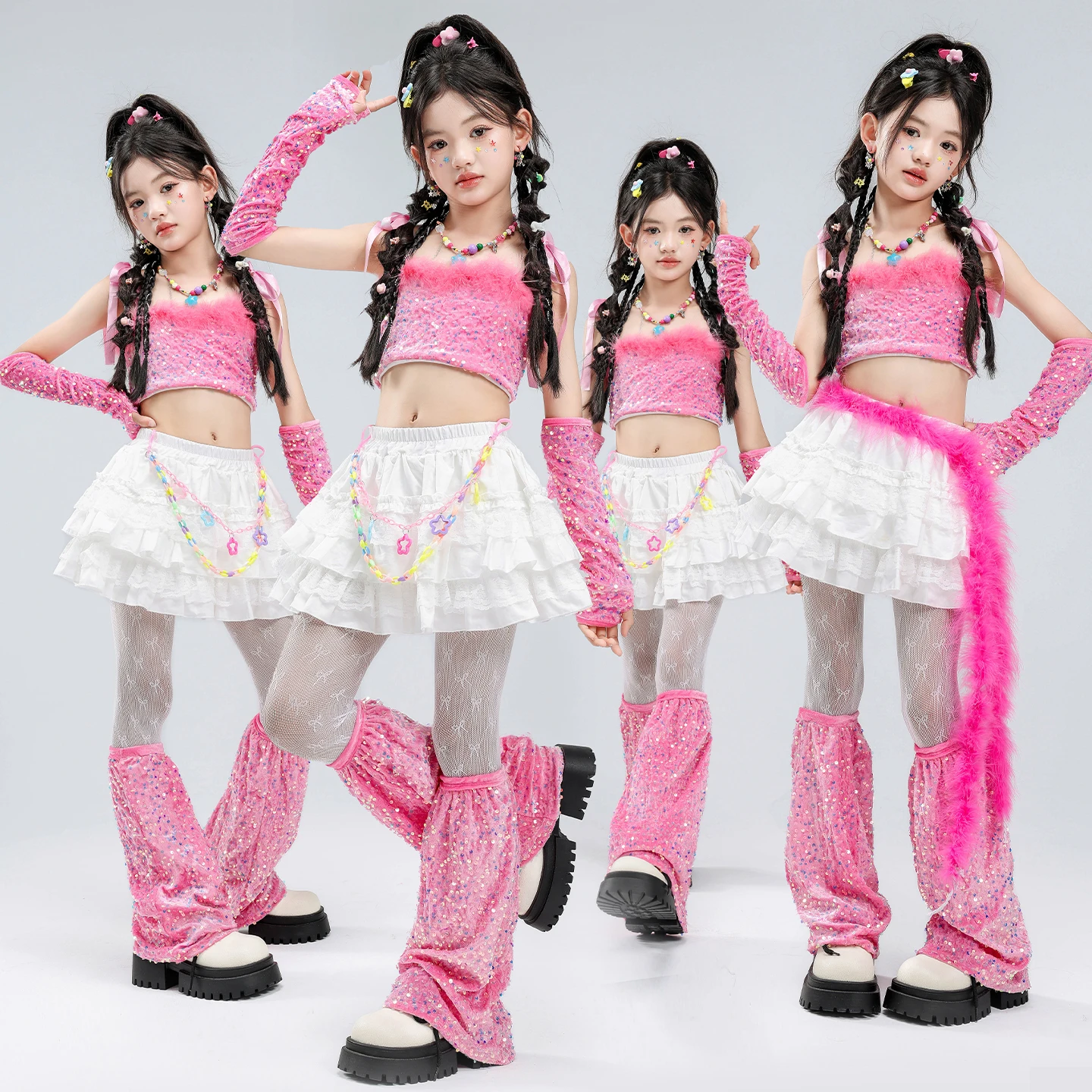 Girls Pink Sequined Crop Top K-pop Dance Wear Costumes Set with Skirt Leg Warmers for Kids Street Dance Jazz Hip Hop Performance
Girls Pink Sequined Crop Top K-pop Dance Wear Costumes Set with Skirt Leg Warmers for Kids Street Dance Jazz Hip Hop Performance
