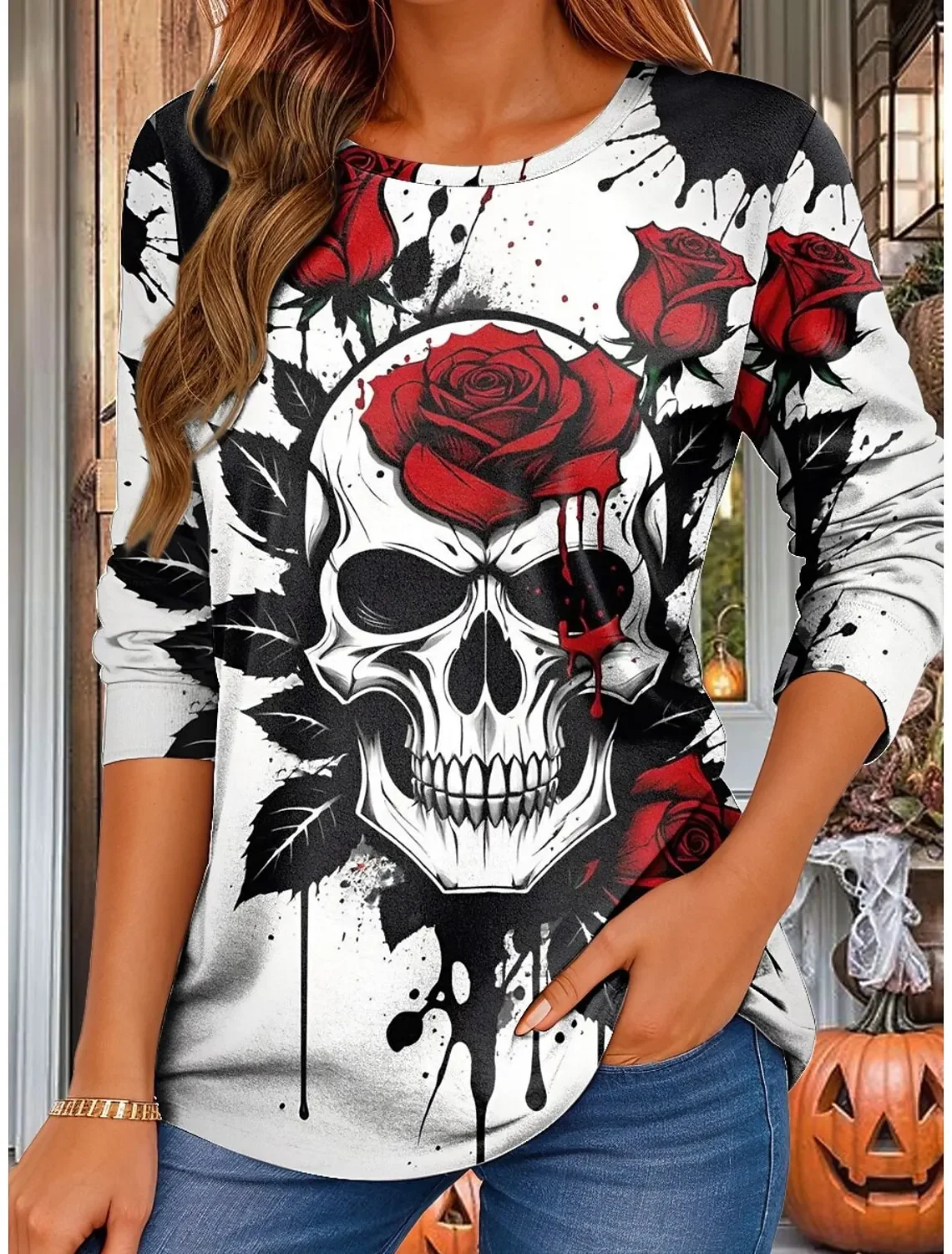 Осень-зима женская футболка повседневная футболка в стиле хип-хоп в готическом стиле модная футболка с длинным рукавом и круглым вырезом с графическим принтом черепа Femme
Осень-зима женская футболка повседневная футболка в стиле хип-хоп в готическом стиле модная футболка с длинным рукавом и круглым вырезом с графическим принтом черепа Femme