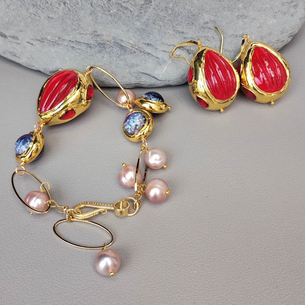 YYGEM Cultured Purple Pearl 16mm Murano Glass 24x30mm Red Quartz Charm Bracelet Earrings Set
YYGEM Cultured Purple Pearl 16mm Murano Glass 24x30mm Red Quartz Charm Bracelet Earrings Set