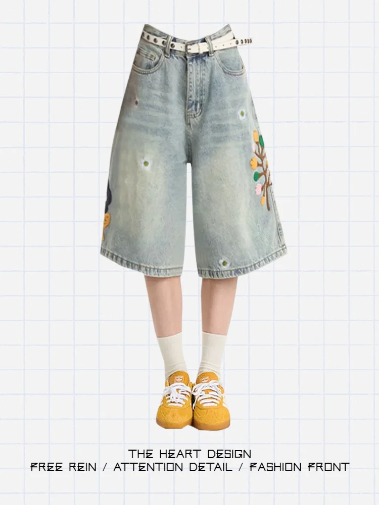 Retro American Floral Embroidery Jeans Women's Summer New Waed Loose Straight ort Pants High Waist Wide Leg Denim Skinnies
Retro American Floral Embroidery Jeans Women's Summer New Waed Loose Straight ort Pants High Waist Wide Leg Denim Skinnies