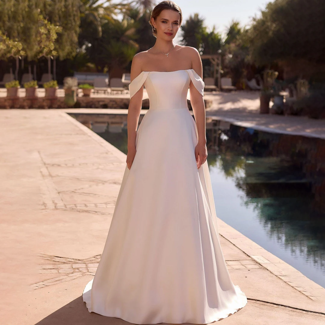 Satin Simple A-line Wedding Dresses High Quality Boat-neck Off the Shoulder Floor-Length Evening Gown Solid Classic Bridal Dress
Satin Simple A-line Wedding Dresses High Quality Boat-neck Off the Shoulder Floor-Length Evening Gown Solid Classic Bridal Dress