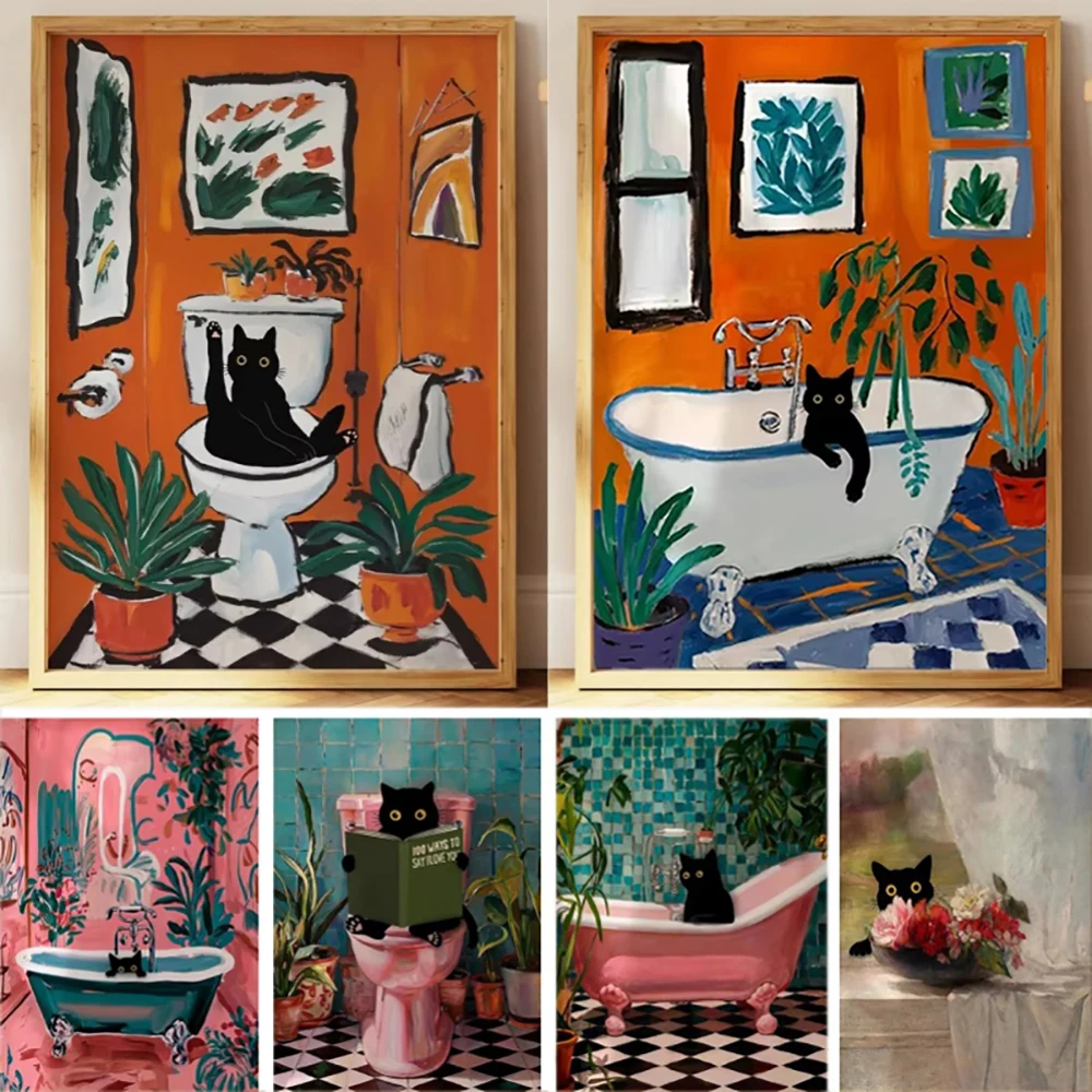 Bathroom Cat Reading on Toilet Canvas Wall Art Print Poster Funny Animal Colourful Black Cat in Bathroom Decor Painting Gift
Bathroom Cat Reading on Toilet Canvas Wall Art Print Poster Funny Animal Colourful Black Cat in Bathroom Decor Painting Gift