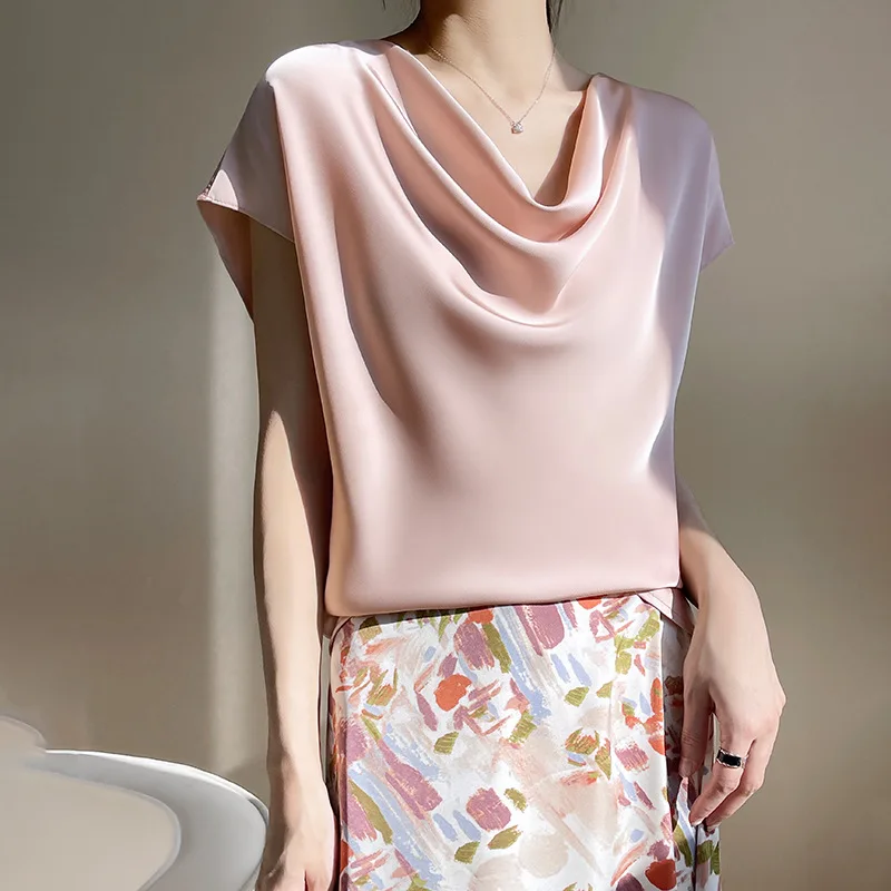 Summer Silk Satin Women's shirts Stack collar Solid Ladies tee Short Sleeved Loose Thin T-shirt Fashion Pullover Blouse tops
Summer Silk Satin Women's shirts Stack collar Solid Ladies tee Short Sleeved Loose Thin T-shirt Fashion Pullover Blouse tops