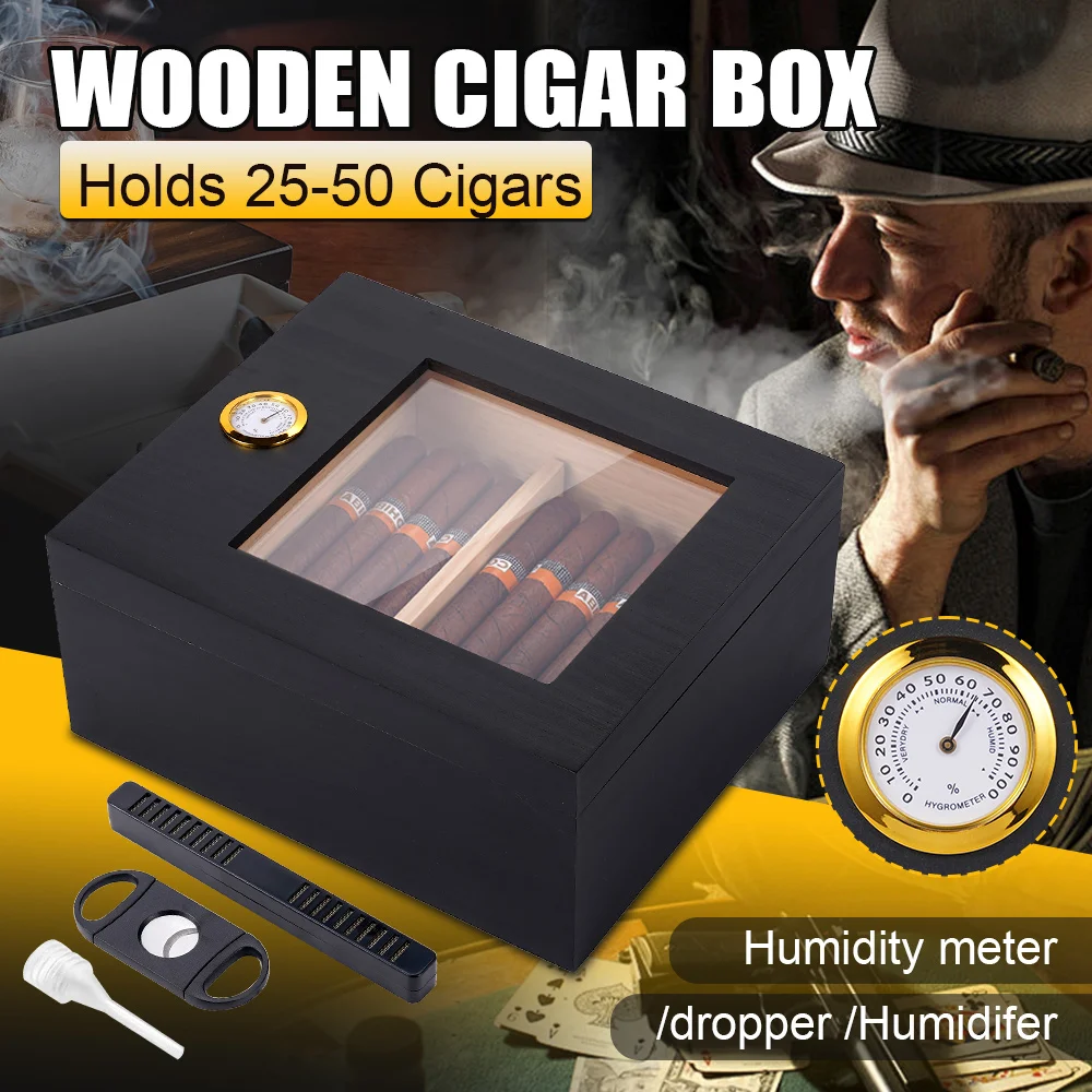 Cigar Wooden Humidor Glass Top with Hygrometer Divider Cigar-specific box Household Wood Storage Case Holds 20-50 Cigars
Cigar Wooden Humidor Glass Top with Hygrometer Divider Cigar-specific box Household Wood Storage Case Holds 20-50 Cigars