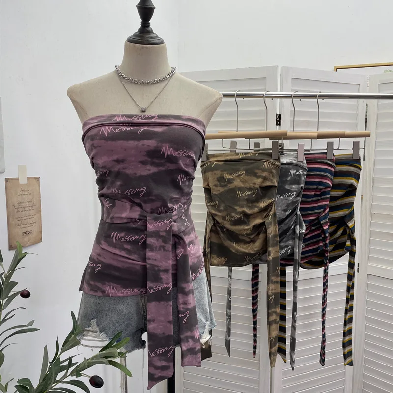 Y2k Top Sexy Strapless Tube Top Irregular Waist Strap Tie-dye Letter Printed Crop Top Women 
Y2k Top Sexy Strapless Tube Top Irregular Waist Strap Tie-dye Letter Printed Crop Top Women