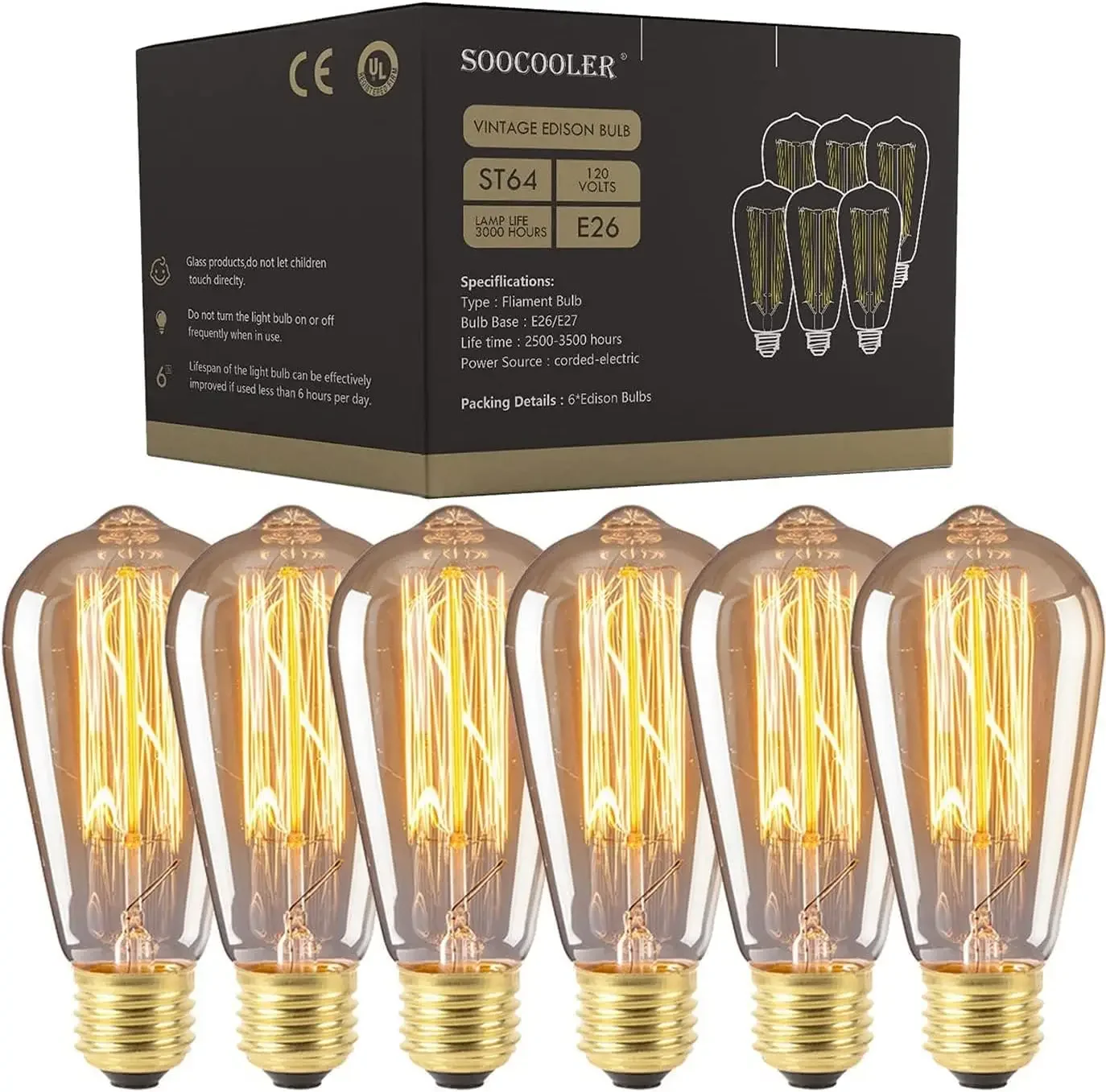 Vintage 25W Edison Bulbs, 6-Pack, 2700K Warm Amber, Clear Glass, E26/E27 Base
Vintage 25W Edison Bulbs, 6-Pack, 2700K Warm Amber, Clear Glass, E26/E27 Base