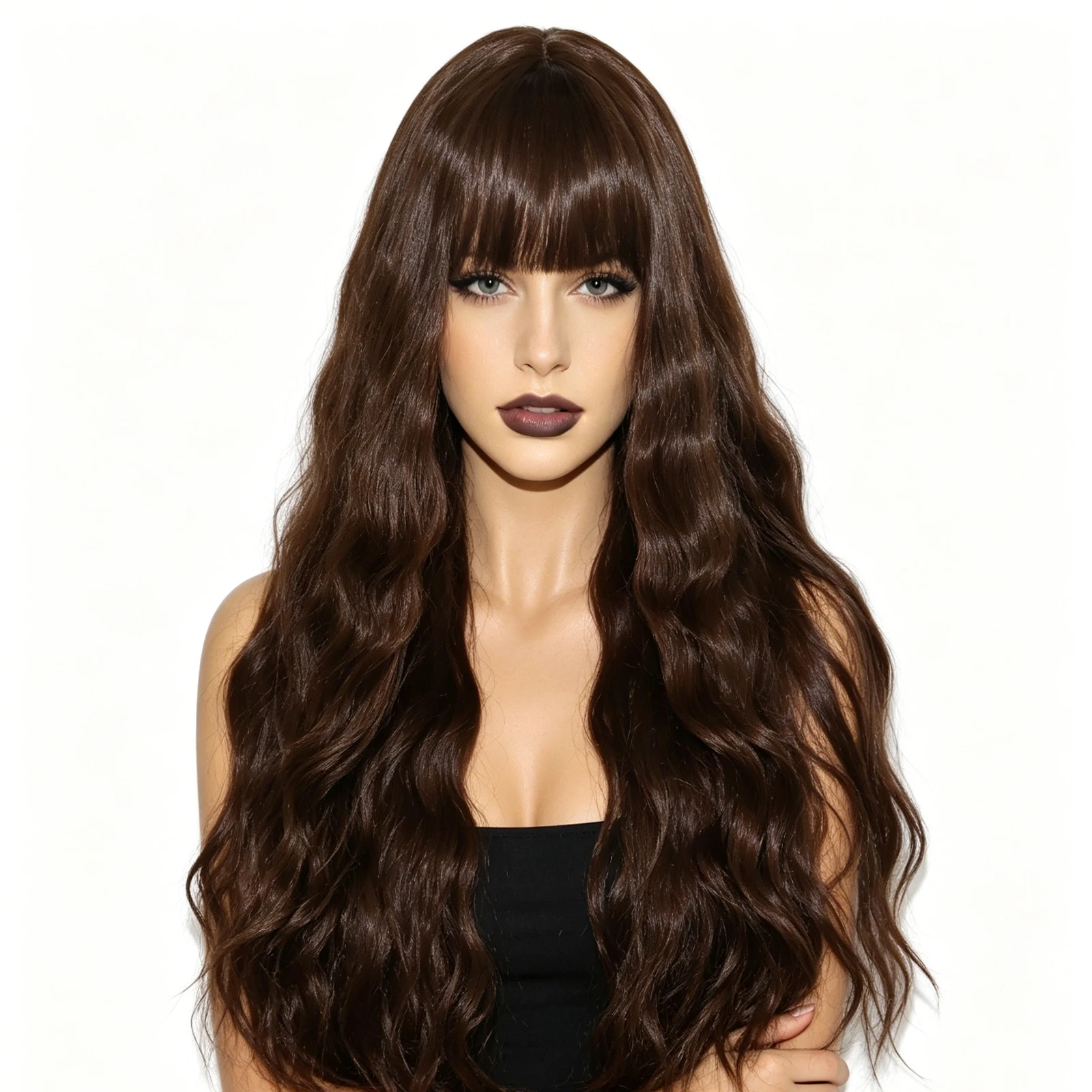 Extra Long Women Dark Brown Water Wave Synthetic Wig Full Fringe Bangs Heat Resistant Fiber Wig For Daily Party Cos
Extra Long Women Dark Brown Water Wave Synthetic Wig Full Fringe Bangs Heat Resistant Fiber Wig For Daily Party Cos