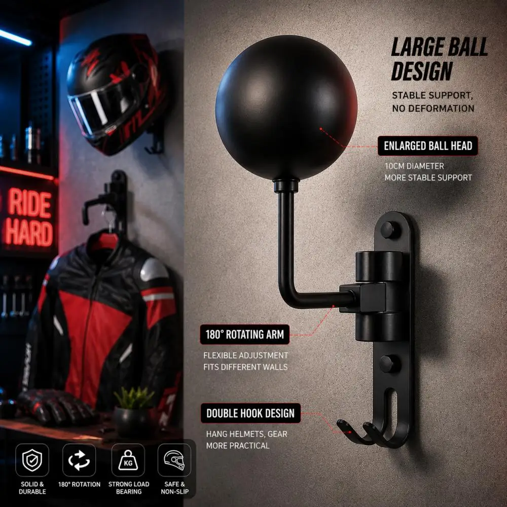 2-in-1 Helmet Wall Mount Rack 180° Swivel Aluminum Helmet Holder with Hook for Motorcycle/Bicycle Helmet Coats & Caps Display
2-in-1 Helmet Wall Mount Rack 180° Swivel Aluminum Helmet Holder with Hook for Motorcycle/Bicycle Helmet Coats & Caps Display