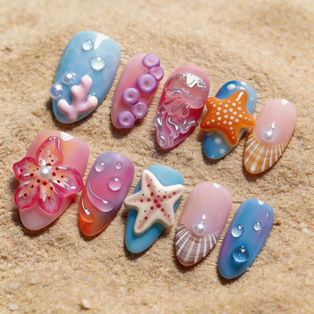 24PCS Colorful Ocean Beach Press on Nails 3D Starfish Jellyfish Coral Shell Flower False Nails Pearl Decor Almond Acrylic Nails
24PCS Colorful Ocean Beach Press on Nails 3D Starfish Jellyfish Coral Shell Flower False Nails Pearl Decor Almond Acrylic Nails