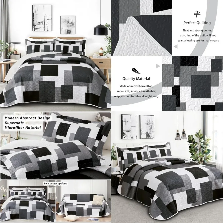 3 Pcs Black Quilt Set Size Black White Geometric Reversible Bedding Set Microfiber Lightweight Bedspread Coverlet with 2 Shams
3 Pcs Black Quilt Set Size Black White Geometric Reversible Bedding Set Microfiber Lightweight Bedspread Coverlet with 2 Shams